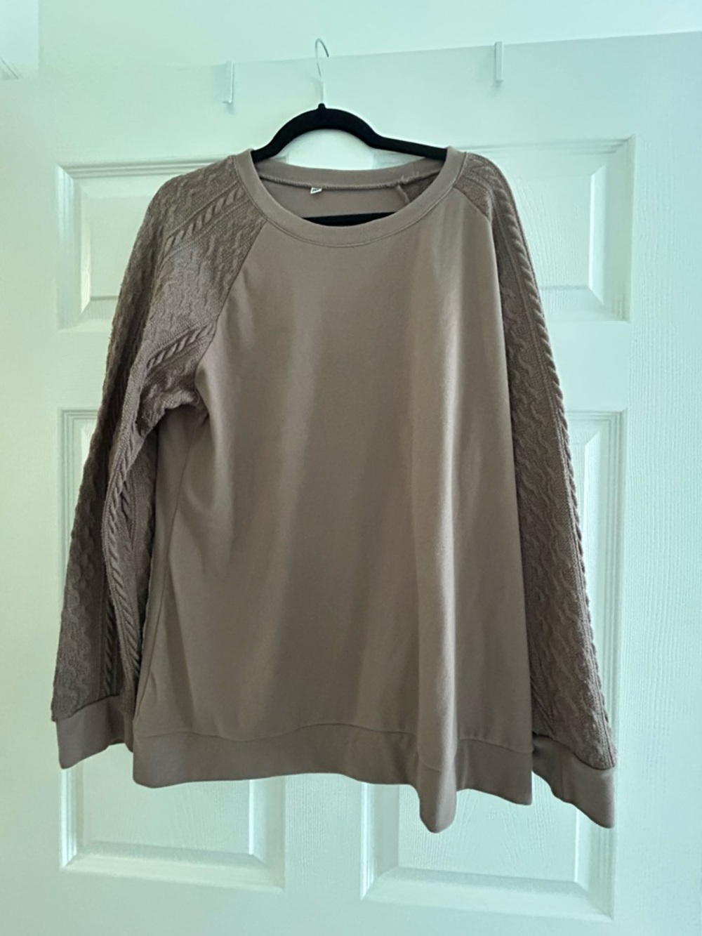 Cable-Sleeve Crewneck Sweater in Taupe